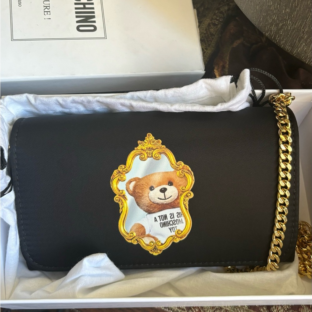Authentic MOSCHINO Leather/Satin Bear print magnetic closure flap Crosby/Clutch